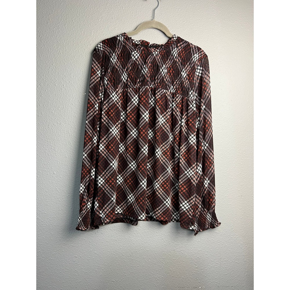 Maurices Lg Womens Plaid Retro Smocked Long Sleeve Blouse 70's Diamond Mixed